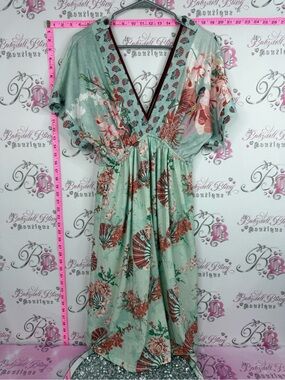 Smash dress Mint Floral V-Neck Midi Dress with fan print